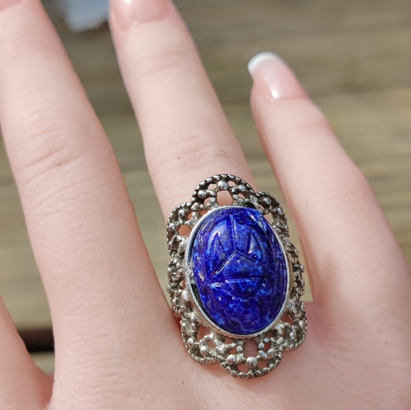 Vintage ornate lapis lazuli scarab ring - Picture 6 of 9